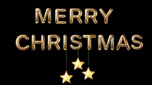 Golden Merry Christmas Balloon Text with Hanging Stars Animation