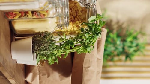 Pasta and Herbs on Kitchen Counter