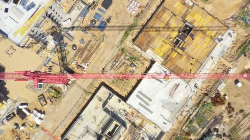 Lots of tower Construction site with cranes and building. Residential construction. Aerial View