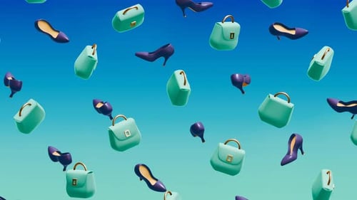 Modische türkisfarbene Handtaschen und lila High Heels vor einem strahlend blauen Himmel.