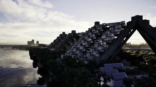 Puesta de sol serena sobre balcones de concreto que reflejan superficies de aguas tranquilas