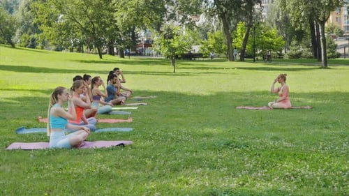 Outdoor Yoga Class Practicing Breathing Exercises