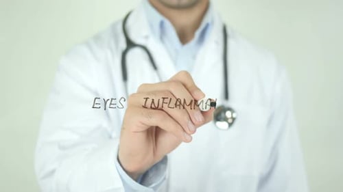 Eyes inflammation, Doctor Writing on Transparent Screen