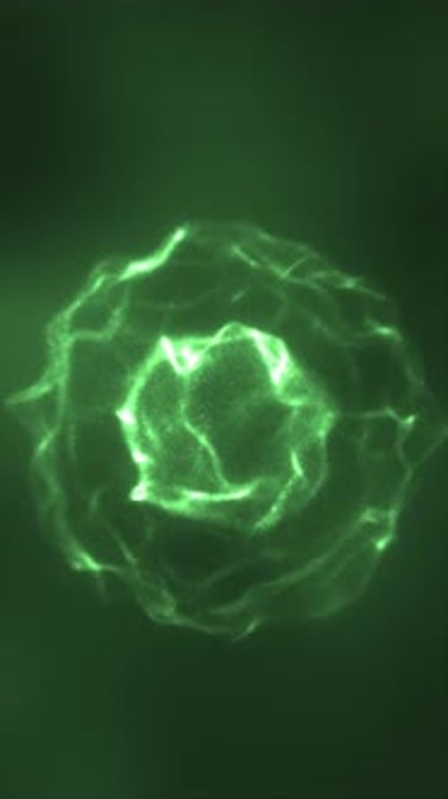 Bright glowing green energy sphere made of floating particles