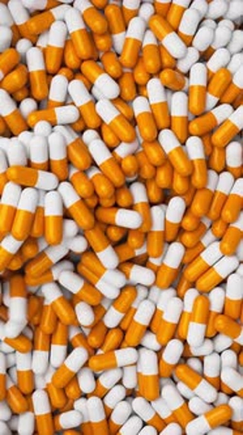 Weiße und orange Pillen mischen und drehen in Zeitlupe Medikamente Pillen Tabletten Medizinkonzept 3D-Render