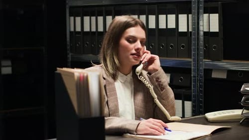 Woman Answers Phone and Looks Through Files