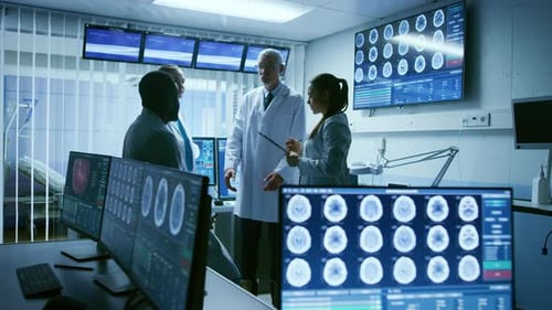 Medical team reviewing brain scans in a hospital