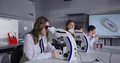 Students Of School Studying Biology And Microbiology In Modern Classroom Pupils With At Microscopes