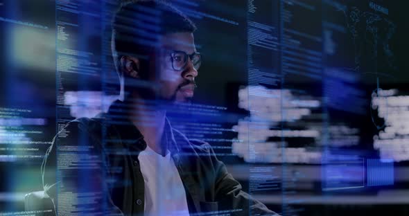 Man, programming and coding at night on dashboard for computer software ...