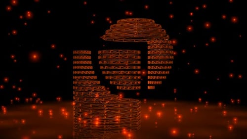 Fondo con partículas anaranjadas que caen, exclusivo, estructura alámbrica de formas, reflexión, renderizado 3D