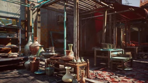 Traditional Market Stall with Panning Pottery and Vases