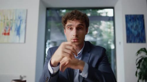 Online Tutor Talking Video Call Office Closeup Pov View Smiling Man Consulting