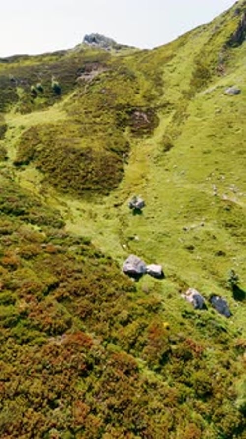 Flight above the rocky landscape covered with grass and bushes.