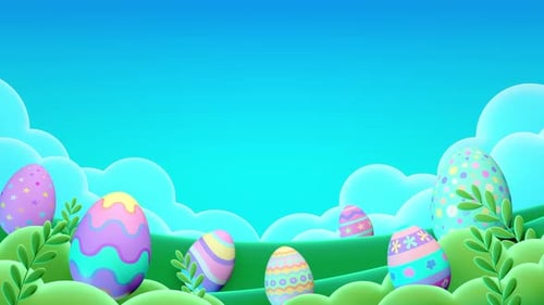 Vibrant Easter eggs nestled among green hills under a clear blue sky with fluffy clouds.