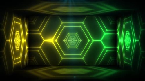 Dynamic neon tunnel with glowing geometric patterns and reflections