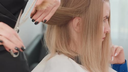 Woman Getting Haircut by Hairdresser in Salon