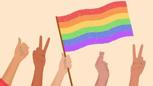 Diverse Hands and Rainbow Flag Celebrating Pride