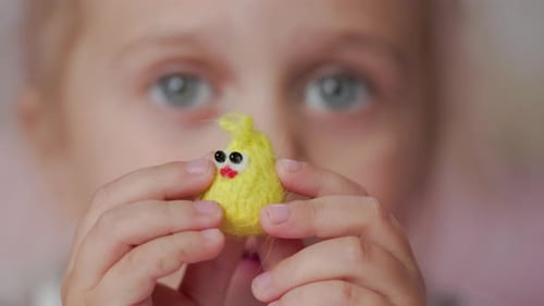 Child Holds Handmade Knitted Chick Toy