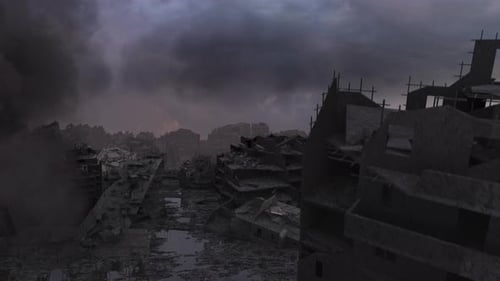 Destroyed city with collapsed buildings after war, muddy day Aerial