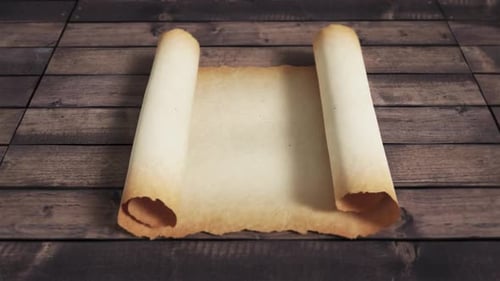 Old Parchment Scroll Unrolls on Wood Reveals Content Animation