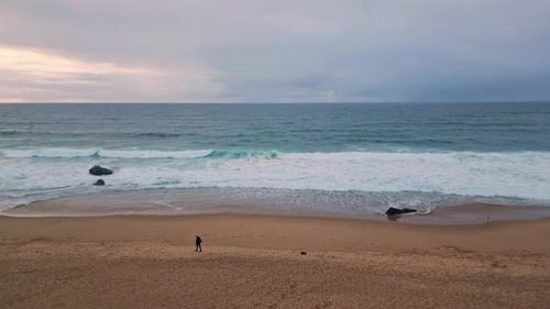 Picturesque Seascape Summer Evening Drone View Lone Person Walking Sandy Beach