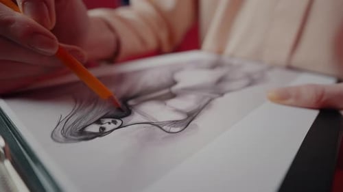 Person Drawing Fashion Sketch on Clipboard with Pencil