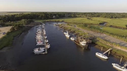 Drone view of boats at Rock Harbor in Cape Cod Massachusetts.