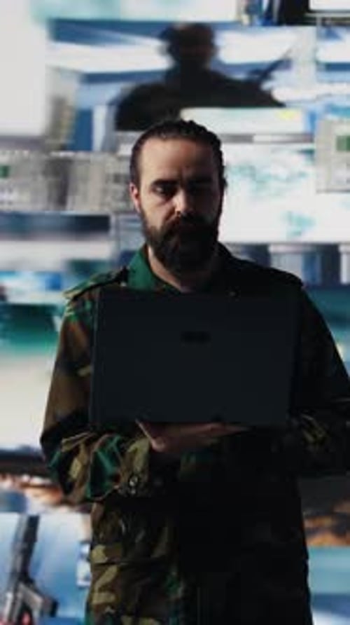 Man With Laptop in Futuristic Technology Environment