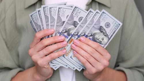 Cropped View Woman Showing Cash Money 1000 American Dollars Banknotes Hands with Money Close Up