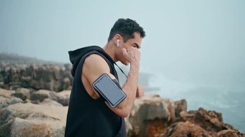 Closeup Boxer Guy Training on Cliff Mountain Focused Strong Athlete Boxing Air