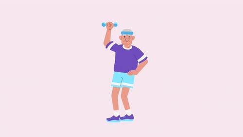 Animated Elderly Man Exercising with Dumbbell in Flat Design