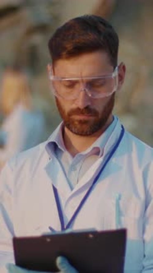 Researcher Taking Notes on Clipboard Outdoors