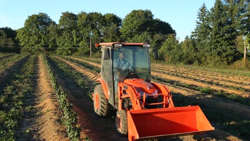 Tractor Driving in Rural Field on Sunny Day