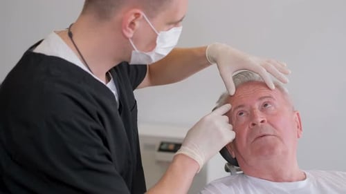 A Young Plastic Surgeon Advises an Elderly Patient a Pensioner About Facial Surgery