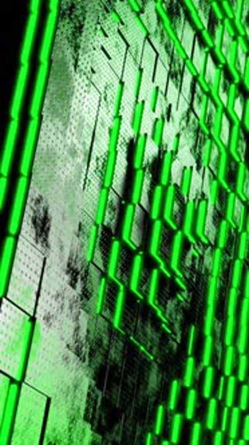 Vertical VJ loop cool animation background. Green background with many square shapes, camera flying
