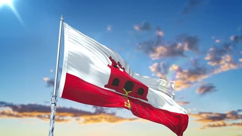 Realistic Gibraltar Flag Waving Against Blue Sky