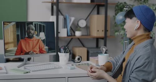 Businessmen Colleagues Speaking About Work Making Online Video Call with Computer in Office