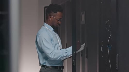 IT-Techniker überprüft Serverraum des Rechenzentrums