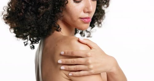 Skincare, beauty and woman shoulder in studio, grooming routine and natural shine for body wellness