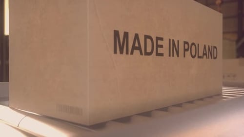 Industrial Conveyor Belt With Cardboard Box Labeled Made in Poland