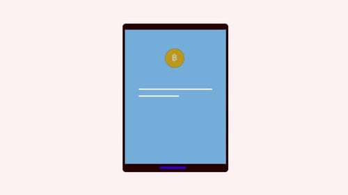 Animiertes digitales Tablet mit Bitcoin-Oberfläche, dunklem Rahmen und blauem Hintergrund, perfekt für Illustr