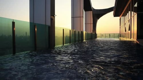 Infinity pool overlooking expansive city skyline, peaceful and serene