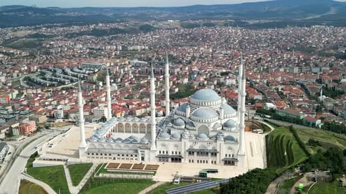 Drone shot of Camlica Mosque and Umraniye district drone rotation