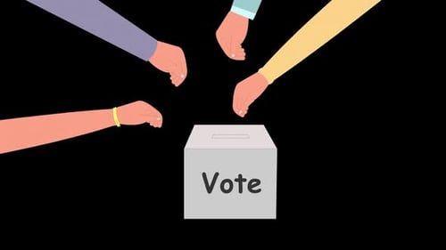 Animation mehrerer Hände, die ihre Stimmzettel in eine Wahlurne werfen, die Demokratie mit Alpha repräsentiert