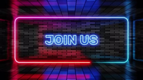 Neon sign join us in speech bubble frame on brick wall background 3d render. Light banner