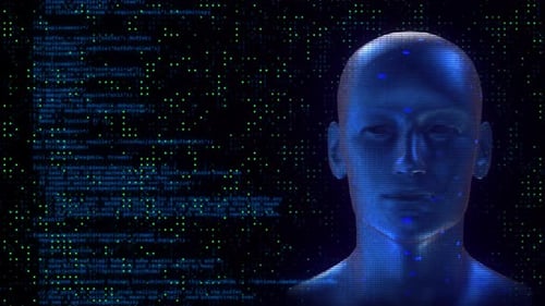 L'IA contrôle le réseau mondial Robot Hand Point Earth Cyberspace Robotique 3D Terre HUD Artificiel