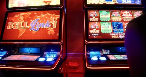 Batumi, Georgia - August 15 2023: Slider shot of modern casino slot machines