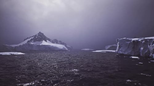 Distant Jagged Peak Across Open Polar Water Expedition Approach