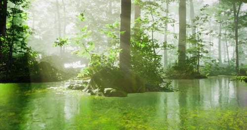 Mystical Forest Landscape with Shimmering Water and Ethereal Light Effects