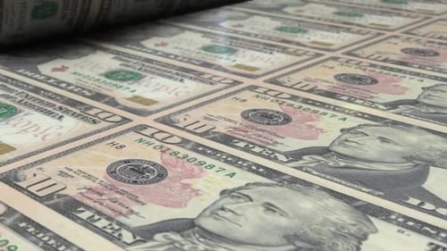 10 Dollar Bills On Money Printing Machine